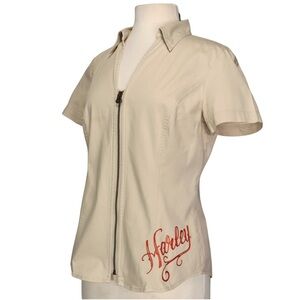 Harley Davidson Blouse Womens M Beige Zip-up Full Eagle Feathers Embroidered